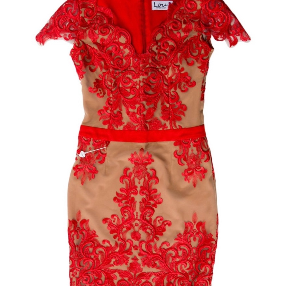 Women's Red and Tan Lace Mini Dress
